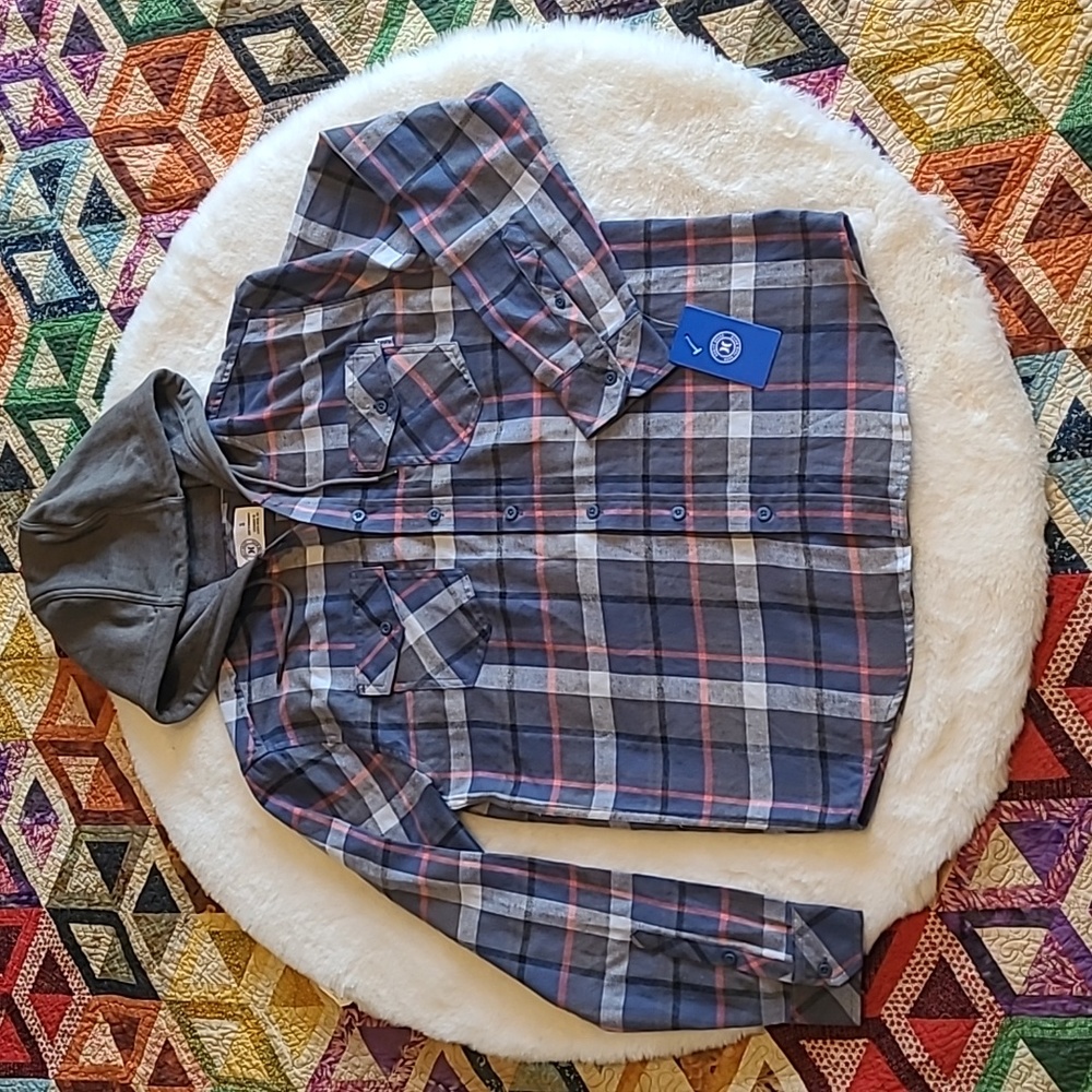 NWT Hurley Diffused Blue Plaid Casual Hooded Button Up Long Sleeve Shirt